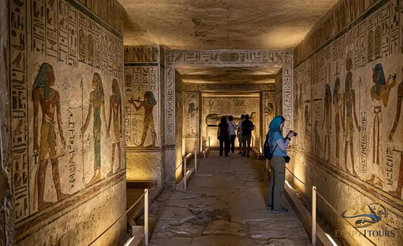 Travelers discovering ancient pharaonic tombs at the Valley of the Kings in Luxor