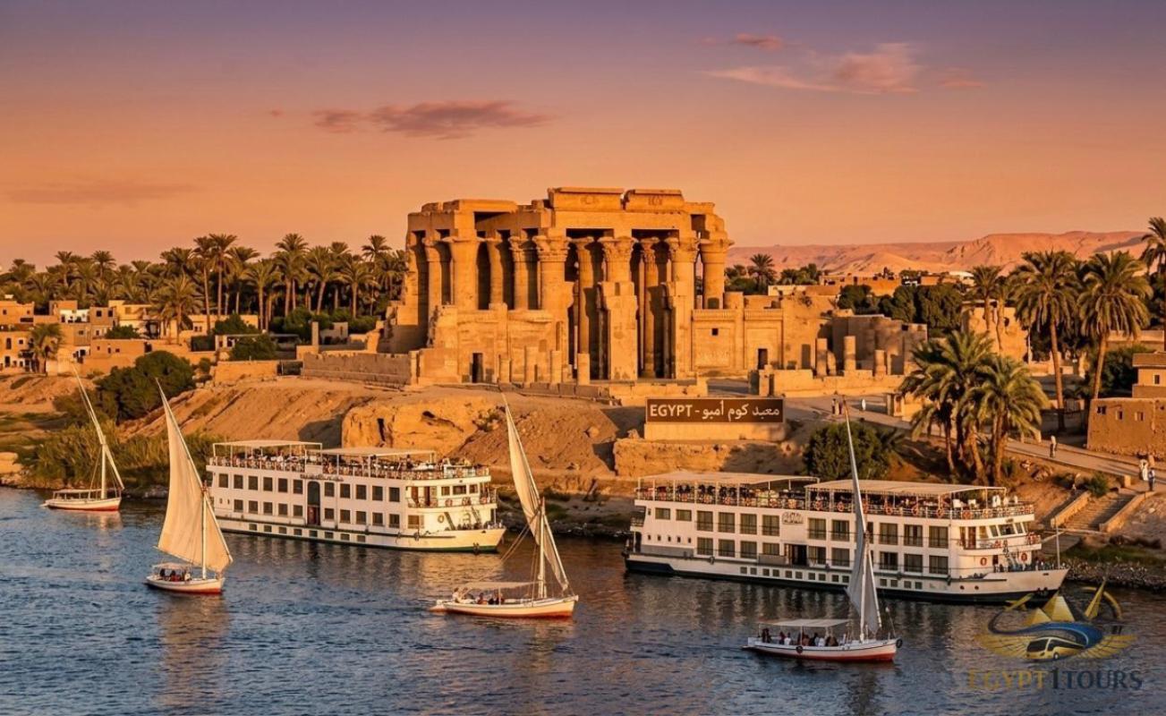 Scenic Nile boat ride approaching the romantic Philae Temple on Agilkia Island in Aswan