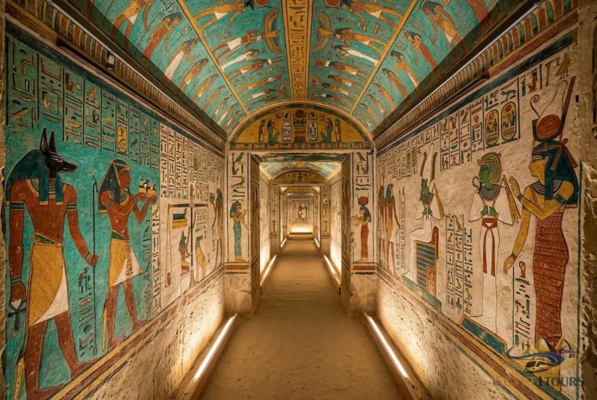 Ancient pharaonic tomb painted hieroglyphics inside Valley of the Kings on Luxor day tour