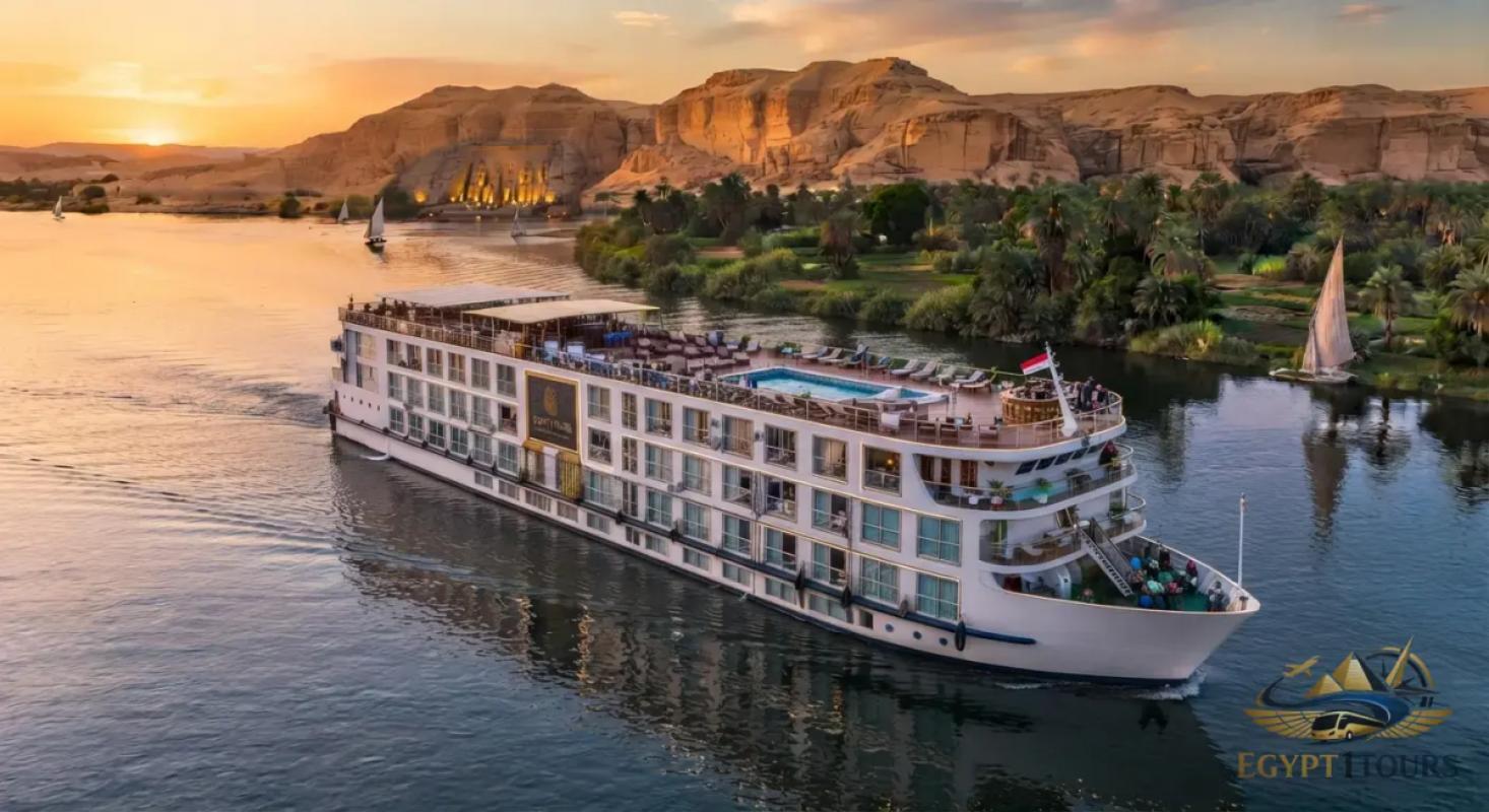 Luxury 5-star Nile cruise ship sailing on the river Nile during the 4-day Aswan to Luxor tour
