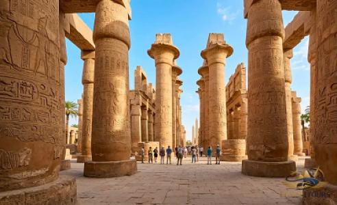 Massive stone pillar hall and columns at the ancient Karnak Temple complex on the East Bank of Luxor
