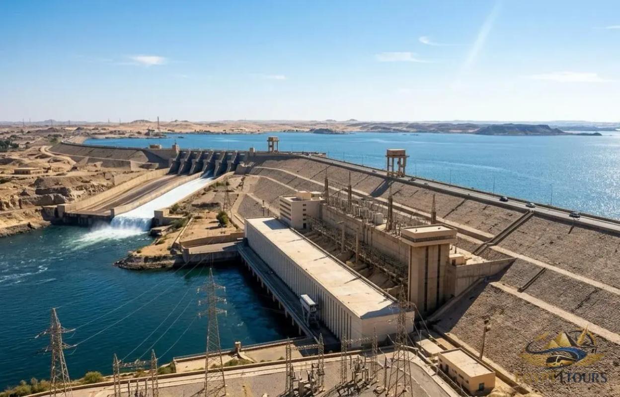 Panoramic view of the massive Aswan High Dam engineering structure overlooking Lake Nasser in Aswan