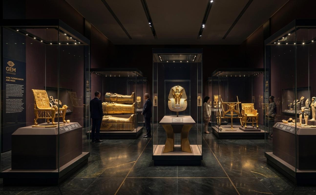 King Tutankhamun golden treasures and mask exhibited inside the Grand Egyptian Museum galleries