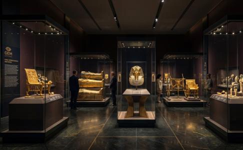 King Tutankhamun golden treasures and mask exhibited inside the Grand Egyptian Museum galleries