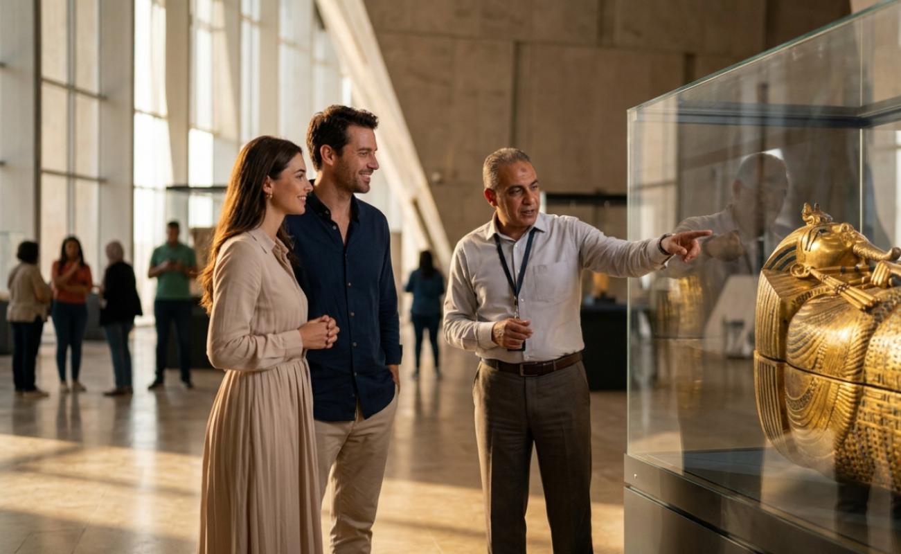 Licensed Egyptologist tour guide explaining ancient Egyptian artifacts to tourists at GEM